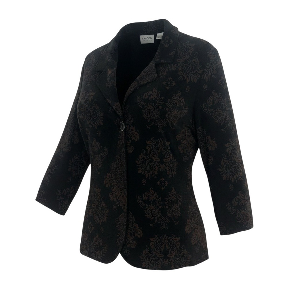 Chicos Travelers Blazer Women XL Black Damask Pattern  Chicos size 3